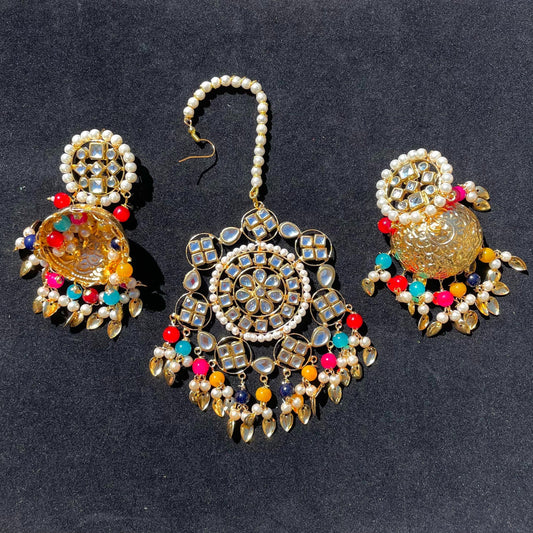 Multicolor Jhumki Earrings with Tikka