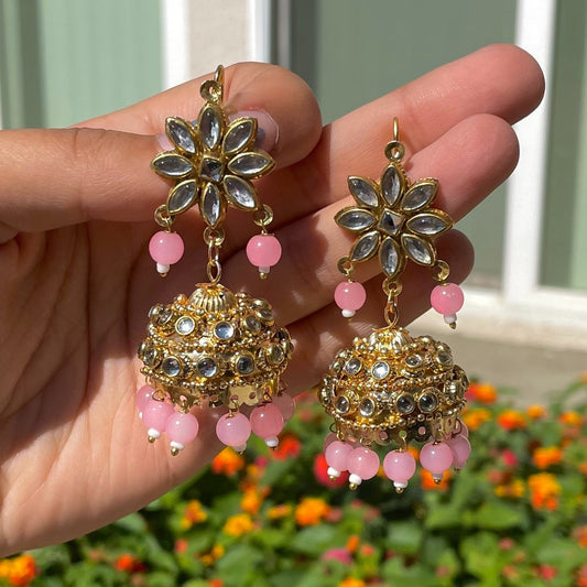 Pink Kundan Jhumka Earrings