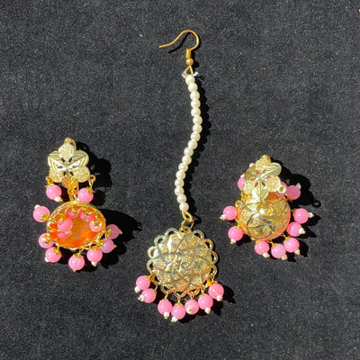 Pink Jhumka Earrings with Tikka