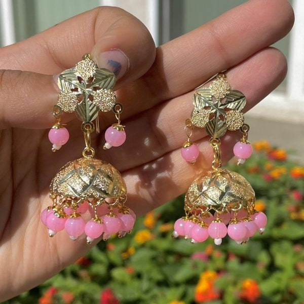 Pink Jhumka Earrings with Tikka