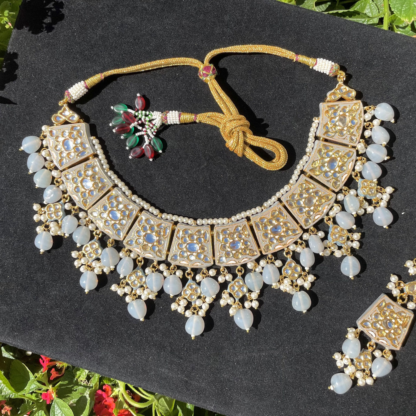 Grey Kundan and Meena Necklace Set